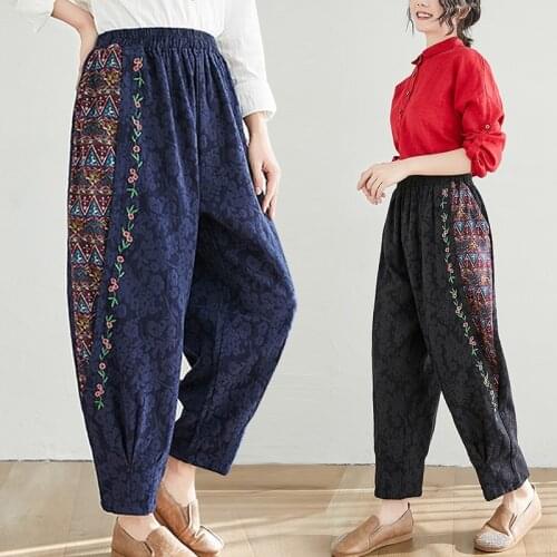 Wide Leg Harem Pants Trousers 2020 Chinese Style Women Ethnic Vintage Patchwork Elasti Waist Loose Long Cotton Linen Pants 10446
