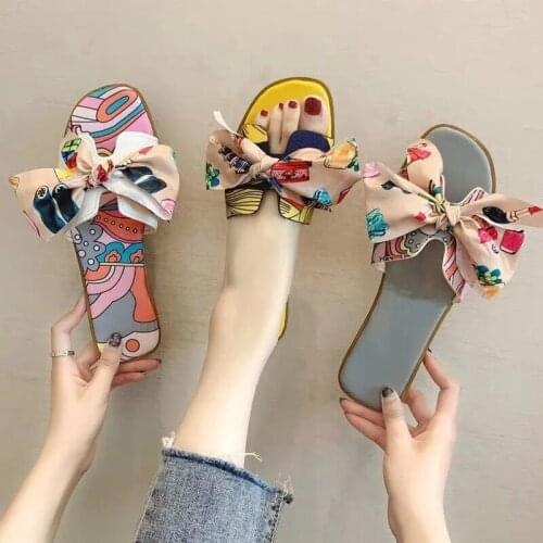 Colorful Graffiti Ribbon Bowknot Slippers Women Fashion Non-slip Flat Slides For Home House Casual 2021 Summer Beach Shoes New