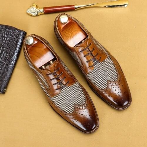Mens Business Casual Leather Shoes Broch Carved Patchwork Summer Breathable Leather Dress Shoes Men Handmade Shoes