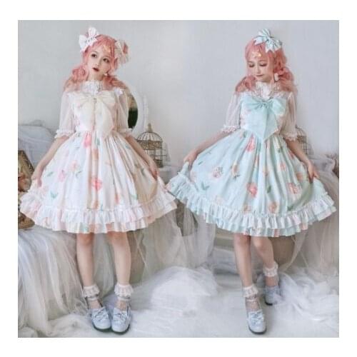 Japanese kawaii girl gothic lolita jsk loli cosplay sweet lolita dress cute printing lace bowknot high waist vicotrian dress