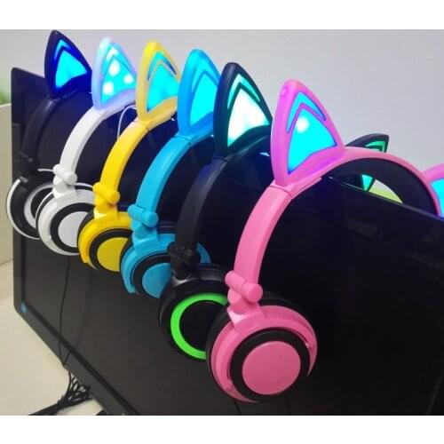 YMDX Flashing Glowing Cat Ear Earphone Foldable Headphones Gaming Headset with LED Light For Laptop Mobile Phone children gift