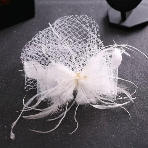 New White Tulle Cap Wedding Hair Accessories Feather Birdcage Net Fascinator Veil Hairpins Hair Clips Bridal Women Hair Jewelry
