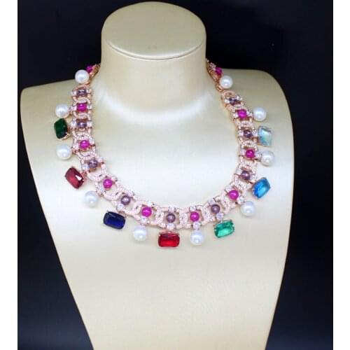 Womens big multi color cubic zircon stone and pearl necklaces Ladies rose gold color party Jewellery