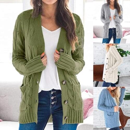 Women Winter Solid Color Buttons Pockets Braid Knitted Sweater Coat Cardigan