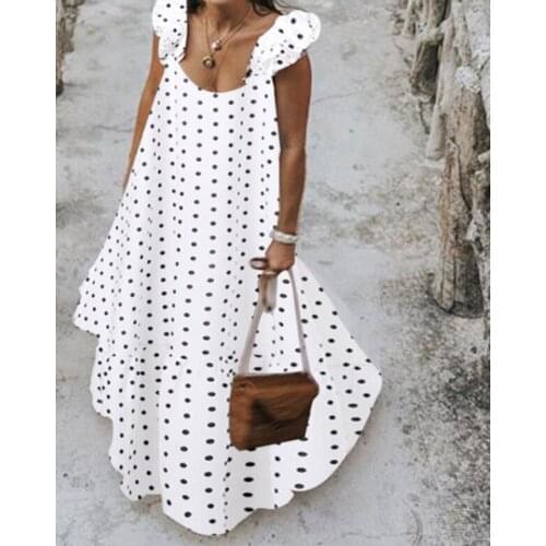 Summer Leopard Sundress Women Bohemian Polka Printed Maxi Dress Casual Female Sleeveless Robe Long Ruffles Vestidos vintage