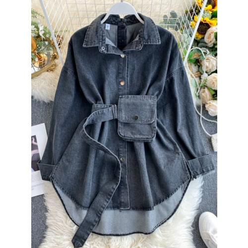 Spring Summer Womens Solid Denim Jacket Female Pocket with Belt Slim Coat Ladies Single Breasted Vintage Dresses