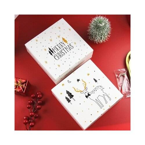 14*14*5cm 20pcs white Merry Christmas elk design Paper Box cookie Macaron DIY Christmas Party favors Gifts Packaging