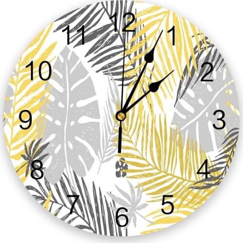 Palm Leaves Yellow Gray Print Wall Clock Wall Art Silent Non ticking Round Wall Watch for Home Decortaion Best Gift