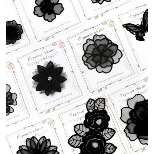 Black organza flowers lace embroidered applique patch stickers fashion clothes stickers clothes hole stickers