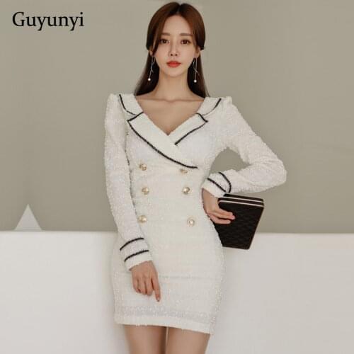 Elegant Office Lady Dress 2021 Spring White Suit Collar High Waist Tight-Fitting Double-Breasted Buttons Womens Mini Dresses