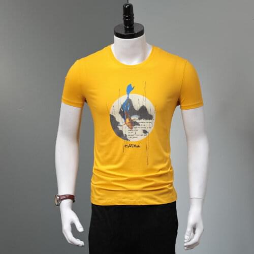 Landscape Painting Brocade Carp Printed T Shirt Men Slim Fit Yellow T-Shirts Mens Cotton Stretch O-Neck Short Sleeve Tshirt
