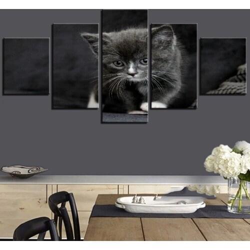 Hd Canvas Painting Wall Art for Living Room Home Decoration 5 Pieces Animals Black Small Cute Cat Modular Pictures and Posters