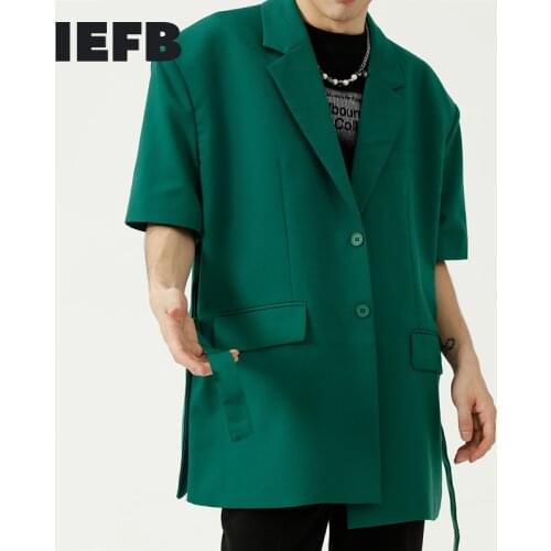 IEFB Mens Summer New Short Sleeve Blazer Korean Trend Loose Design Fashion Personality Green Black Suit Jackets Side Split Tops