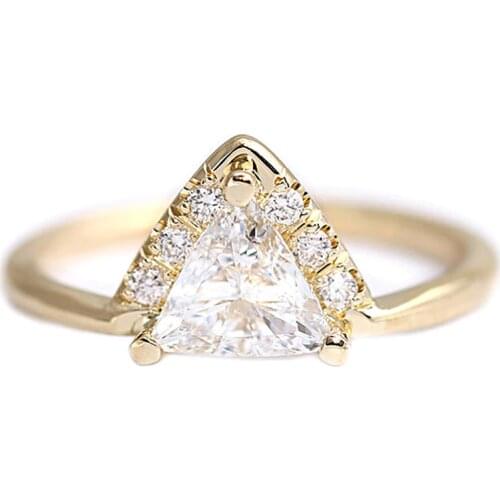 TRILLION CUT and Round Moissanite 0.5ctw lab Diamond Solitaire Wedding Engagement Ring Solid 14K Yellow Gold for Women