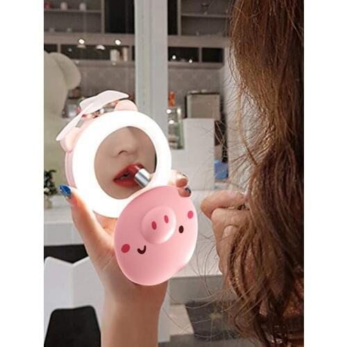 Cute fashion multi-function fan LED light make-up mirror fan Piggy Cosmetic Mirror with Fan Portable USB Mini Beauty Mirror