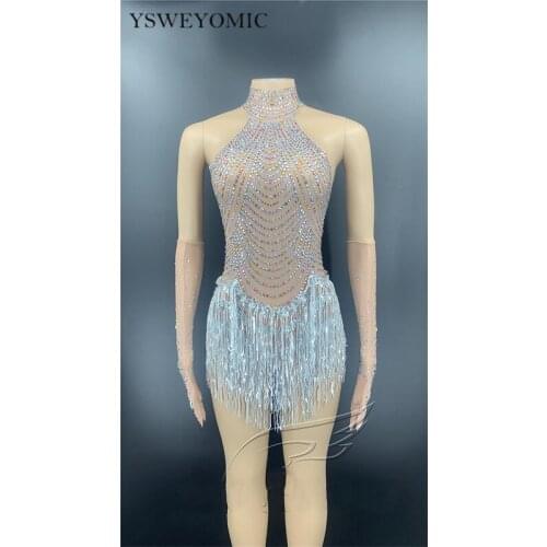 Stage Wear Sparkly Rhinestone Silver Tassels Transparent Bodysuit Stone Gloves Women Latin Dance Bar Show Outfit Birthday Wear
