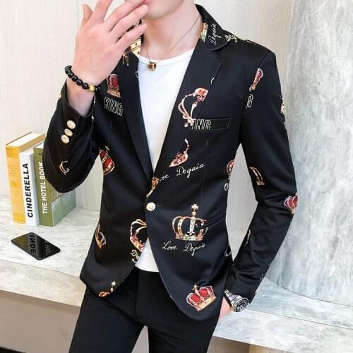 2021 Autumn Crown Print Suit Jacket Men Business Casual Blazer Masculino Slim Office Social Dress Coat Street Wear Male Clothing