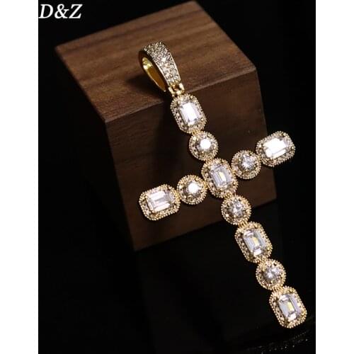 D&Z New Baguette Cross Pendant & Necklace Iced Out Cubic Zircon Stones Gold Silver Color Hip Hop Charm Necklace Jewelry Gift
