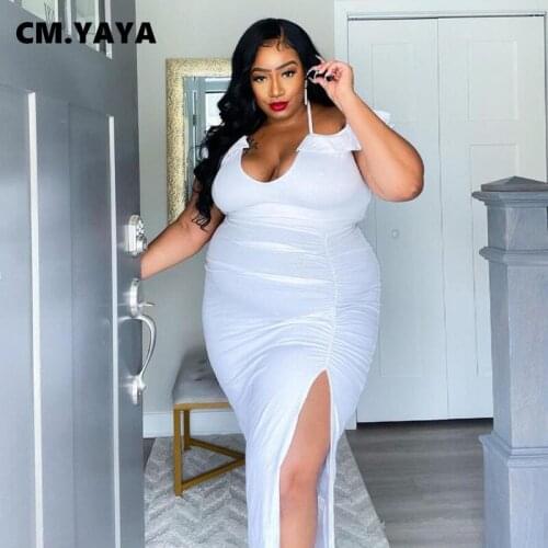 CM.YAYA Women Plus Size Dress Solid Sleeveless Strap V-neck Stretchy Splited Maxi Long Dresses Sexy Party Vestidos Summer Outfit