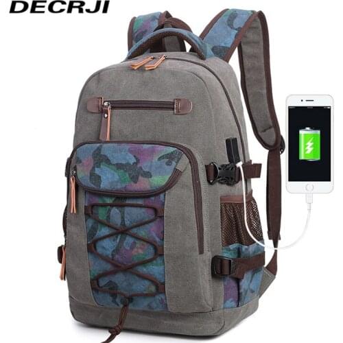 DECRJI Laptop Unisex Backpack Men Women Canvas USB Student School Bags Casual Travel 2020 Mochila Rucksack Men Vintage