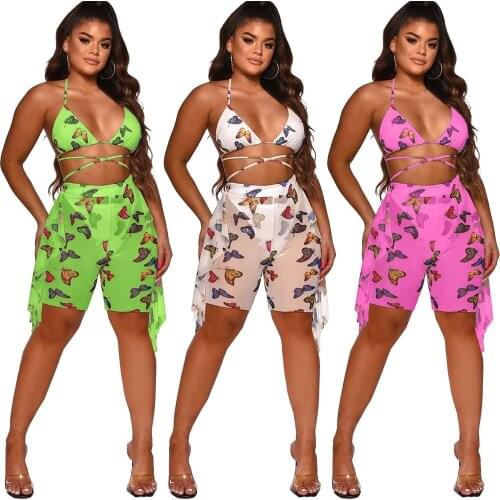 Sexy Bra Mesh Bikinis Shorts Butterfly Printed Summer Swimsuit Women Backless Halter Top and Ruffled Biker Shorts 2 Pieces Sets