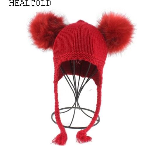Ponytail beanie hat for kids Girls Boys Winter fur pompoms hats baby caps with ears children wool knitted beanies