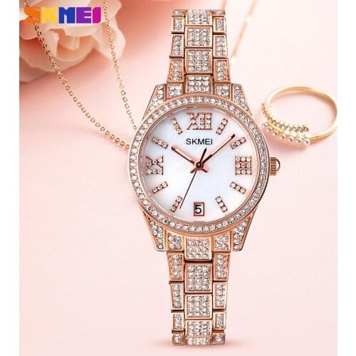 SKMEI Women Quartz Watches Luxury Rhinestones Dial Dress Wristwatch Time Date Display Clock Ladies Gifts Relogio Feminino