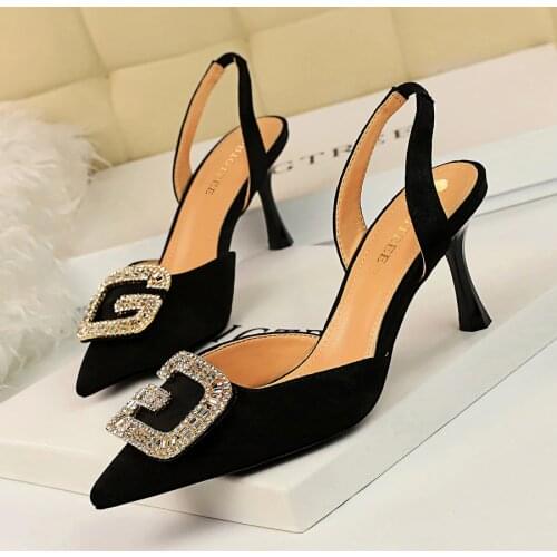 BIGTREE Shoes Woman Pumps Crystal Slingbacks Hinestone Pointed Toe High Heels 7cm Footwear Ladies Party Wedding Dress Black