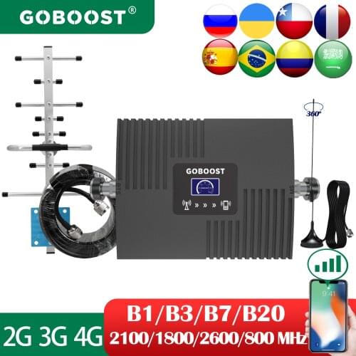 GOBOOST Amplifier 3G 4G Cellular 800 1800 2100 2600 Mhz Signal Booster Network Repeater Display Cell Phone Antenna Kit for Home