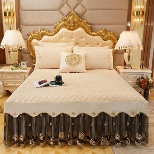 Thickened crystal velvet Quilted embroidery Bed spread Fitted Sheet Pillowcases 2/3 pcs Embroidered lace Princess bedding