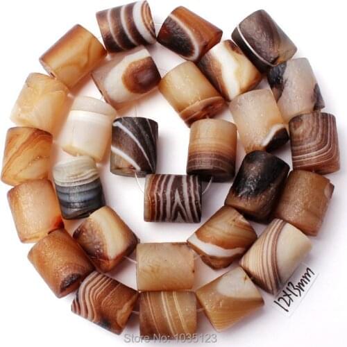 High Quality 12x13mm Frosted Natural Brown Banded Stone Column Shape DIY Loose Beads Strand 15" Creative Jewellery Making w3234