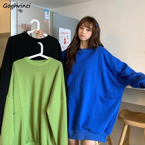 No Hat Hoodies Women O-neck Solid Simple Pocket Plus Velvet Comfortable Warm Oversize Leisure Spring Autumn All-match Chic Thick