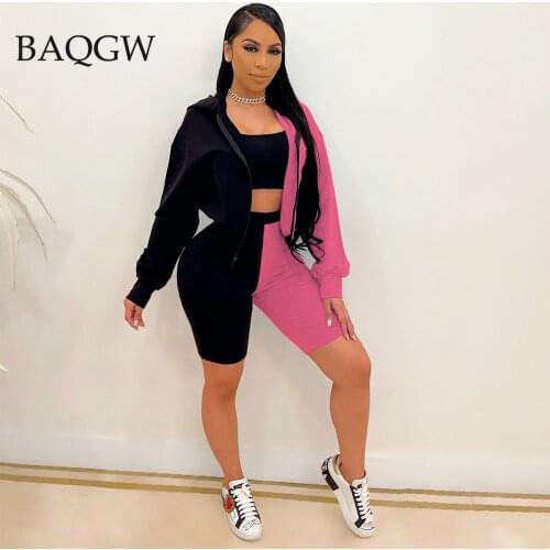 Women Three Piece Sets Autum Tracksuits 2 Colors Patchwork Sportswear Zipper Jacket+crop Tops+Shorts Suit Outfits Large Size 2XL