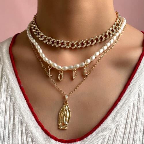 Golden Multi Layer Cuban Link Choker Portrait Coin Long Chain Necklaces For Women Name Letters Pearl Choker Collar Gifts Jewelry