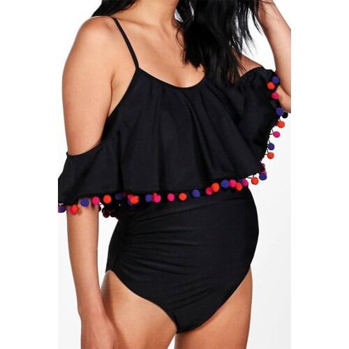 2020 Halter Piece Bikini Swimwear For Pregnant Women Sexy Fur Balls Decorated One-piece Suit Elastic Monokini Swimsuit Plus Size