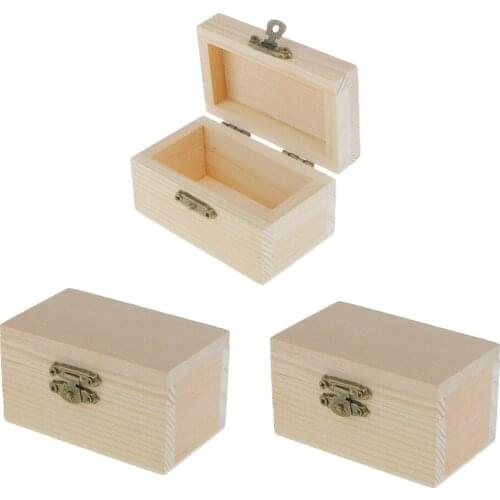 3pcs Unfinished Soild Wood Square Jewelry Box w/ Clasp Keepsake Gift Box