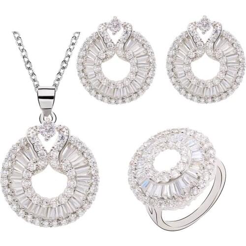 White Topaz Silver Jewelry Set for Women Earrings Necklace pendant Ring Red Black Green Black 5 Colors Available