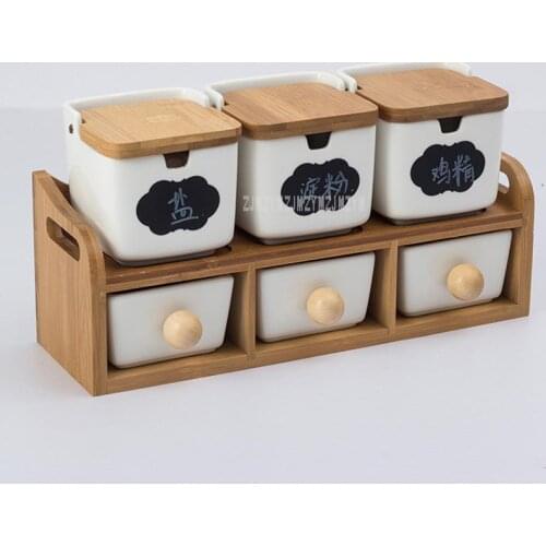 White Simple Sugar Bowl Home Kitchen Set Ceramic Salt Pepper Condiment Pot Jars Bamboo Frame Hang On Wall Cooking Kitchen Tool