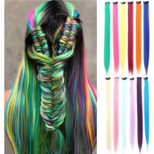 Colored Hair Extensions Clip In One Piece Long Straight Rainbow Hairpieces 22 Inch 10pcs Purple Blue Pink Synthetic False Hair