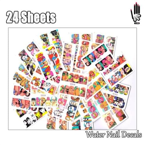 Nail 24Sheets/Lot Mix 24 Different POP ART Nail Art Water Sticker Decal For Gel Nail Art Decoration 24BN359