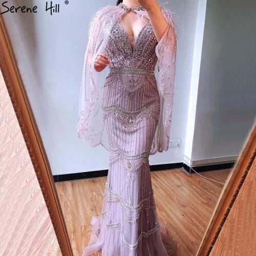 Dubai Purple V-Neck Mermaid Sexy Evening Dresses 2020 Sleeveless Shawl Yarn Feathers Formal Dress Serene Hill LA70567