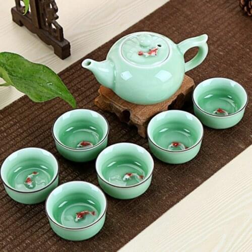 Ceramic 3D Koi Fish Kung Fu Tea Cup Tea Ceremony Teapot Matcha Cup Set 7pcs