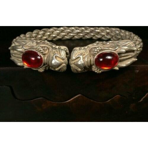 Collectible Chinese Ruby Tibet Silver Handwork Auspicious Dragon Bracelet