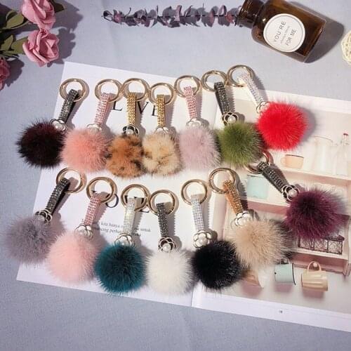 Trendy Cute Cubic Zirconia Camellia Mink ball Keychain Bag Key Premium Decorations Ring Souvenir Exquisite Jewelry Gifts Women