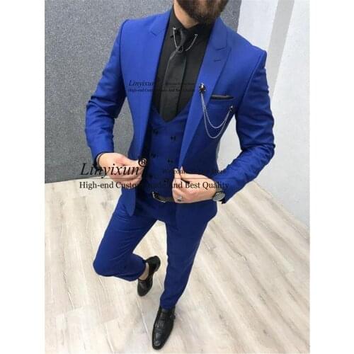 2021 Three Piece Royal Blue Men Suits Peaked Lapel Custom Made Wedding Tuxedos Slim Fit Male Suits (Jacket + Pants + Vest)