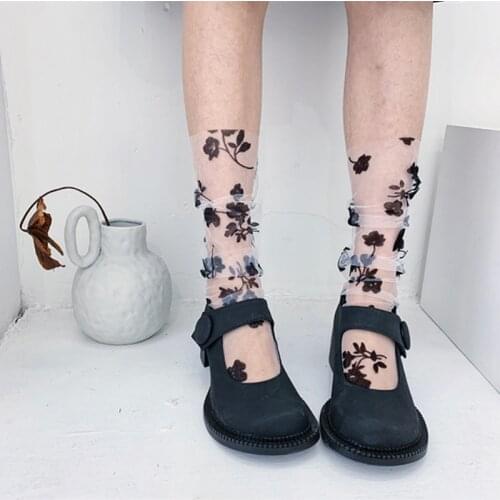 Korean Rose Flower Print Womens Socks Mesh Thin Crew Socks Summer Ultra-thin Transparent Lace Socks Harajuku Vintage Streetwear