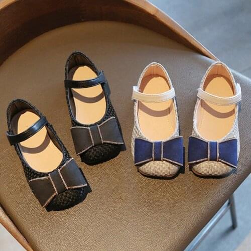 Girls Shoes Butterfly Knot Princess Shoes Linen Weave Mary Janes Shoes 2021 Spring New Fashion Kids Flats Non-slip Toddlers