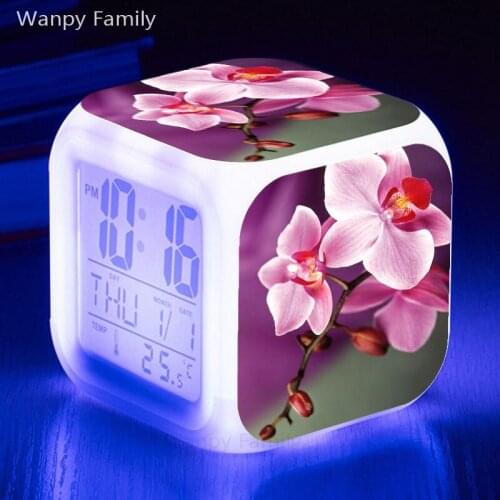 Very nice butterfly orchid LED Alarm Clock Glowing Color Change Multifunctio Alarm Clocks For Kids Room Desktop Electronic Clock
