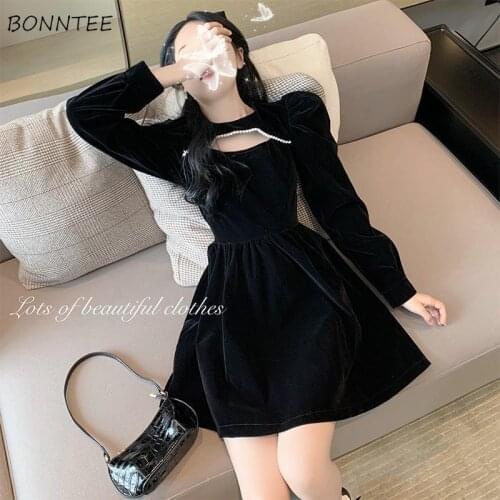 Long Sleeve Dress Women Mini Ladies Hollow Out Elegant Autumn Korean Style Casual Simple Sexy Lantern Sleeve Party Chic Korean