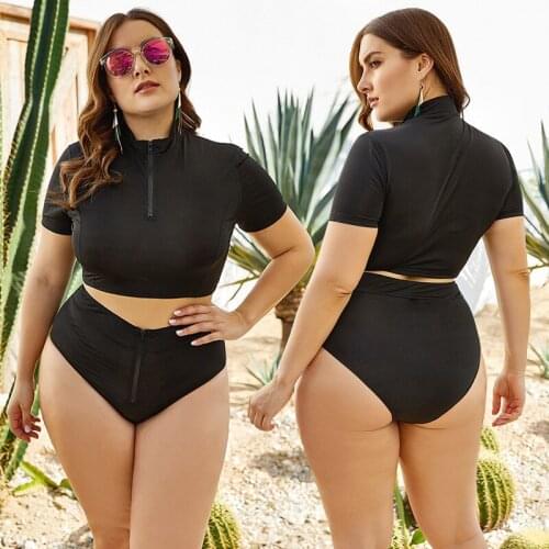 2021 Summer Plus Size Black Split Swimsuit Two-Piece Suit High Neck Zipper High Waist Swimwear SW283
